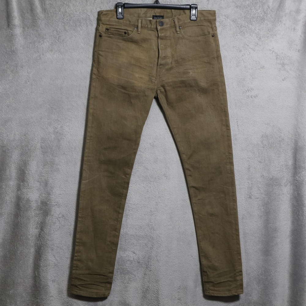John Elliott Jeans Mens 34x33 Green Slim Skinny Stretch Button Fly Japan Denim
